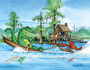 Note card of Crawfish and Alligator waterskiing on the river